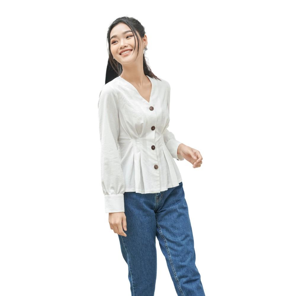 Áo sơ mi xếp ly eo tay bồng, măng sét to