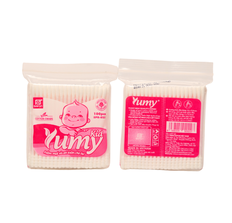 Lốc 12 gói Tăm bông Yumy trẻ em thân nhựa túi 100 que SPB-022