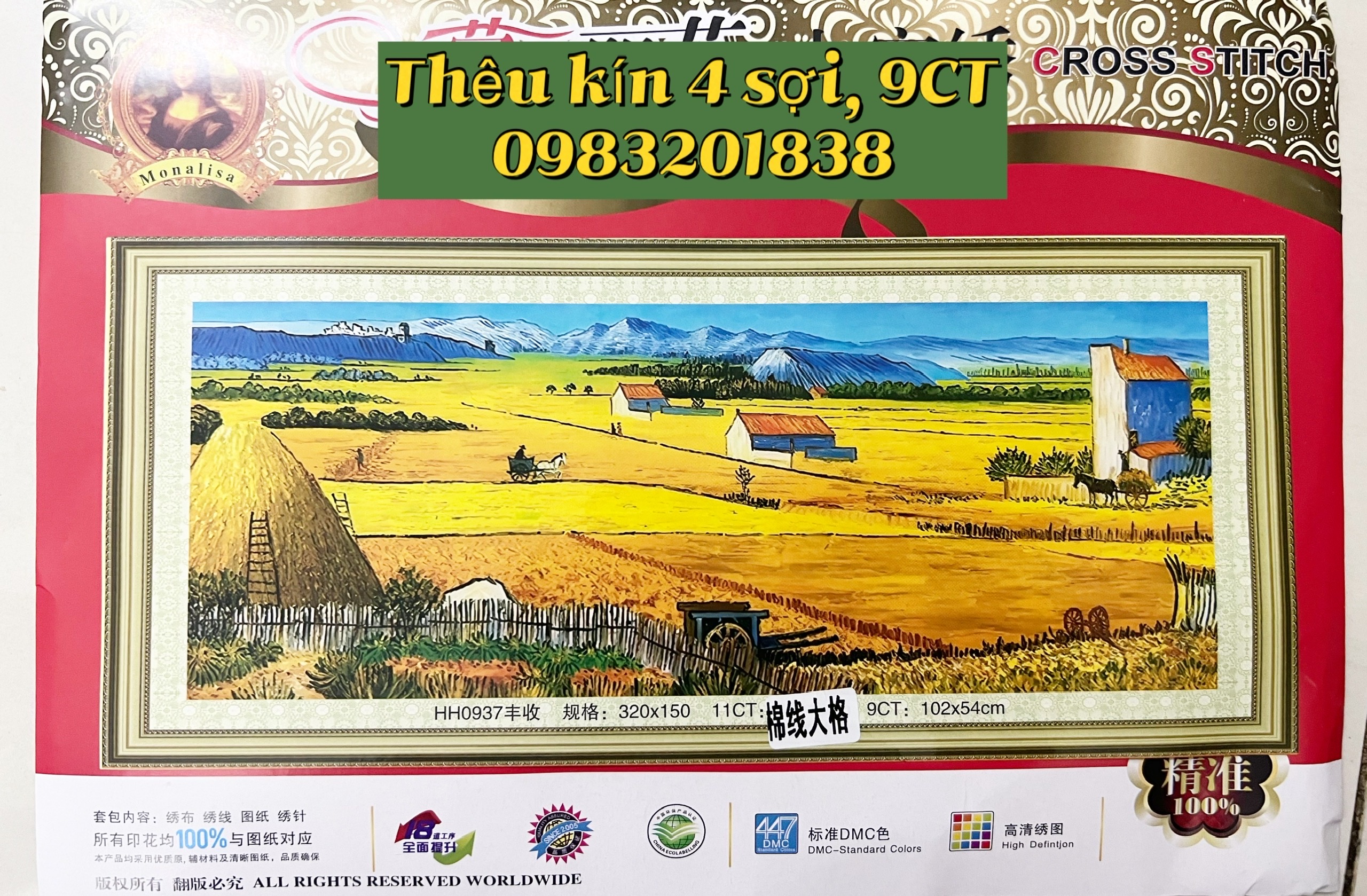 Tranh thêu kín chữ thập Cánh đồng lúa miền tây HH0937, thêu 4 sợi, 9CT, kích thước 102*53 cm