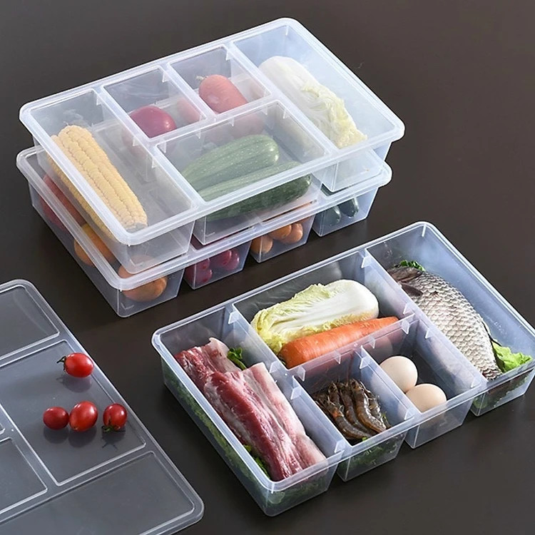 Hộp nhựa trong suốt 5 ngăn đựng thực phẩm trong tủ lạnh có nắp đậy , sử dụng nhựa pp nguyên sinh an toàn cho sức khỏe - Hàng chính hãng