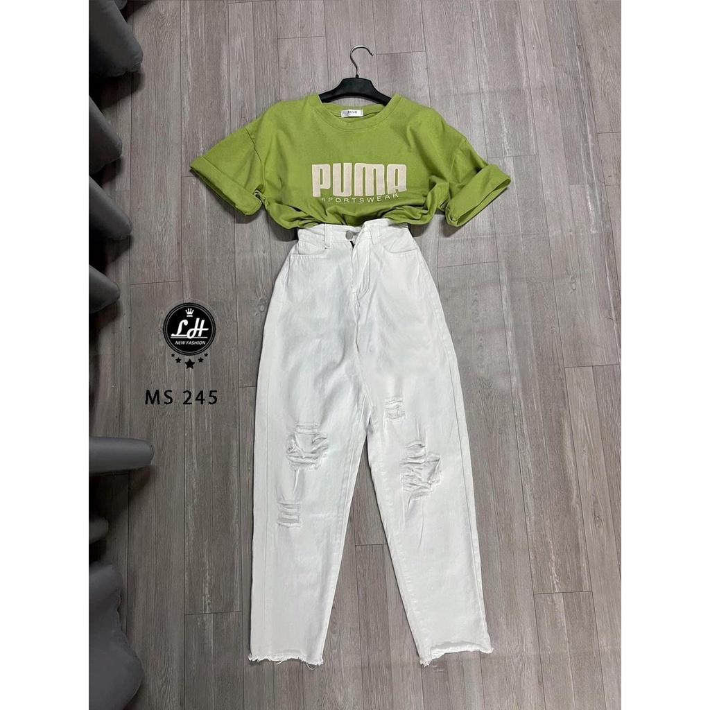 Quần bò baggy trắng rách gối hai bên cá tính cho nàng Lê Huy fashion ms 245