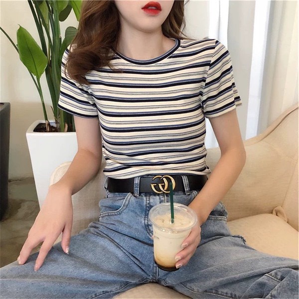 Áo Phông Nữ Kẻ Cộc Tay Cổ Tròn G0176