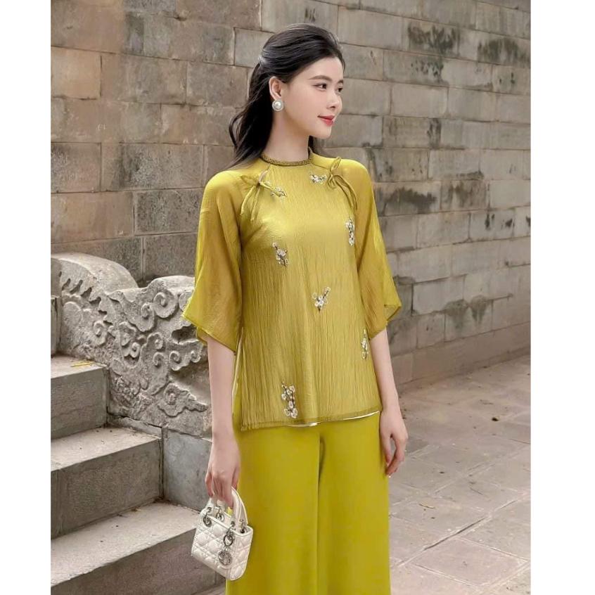 Set bộ nữ đi chùa cao cấp chất vải tơ mịn thêu hoa nổi tinh tế, màu xanh cốm phối quần lụa cùng màu