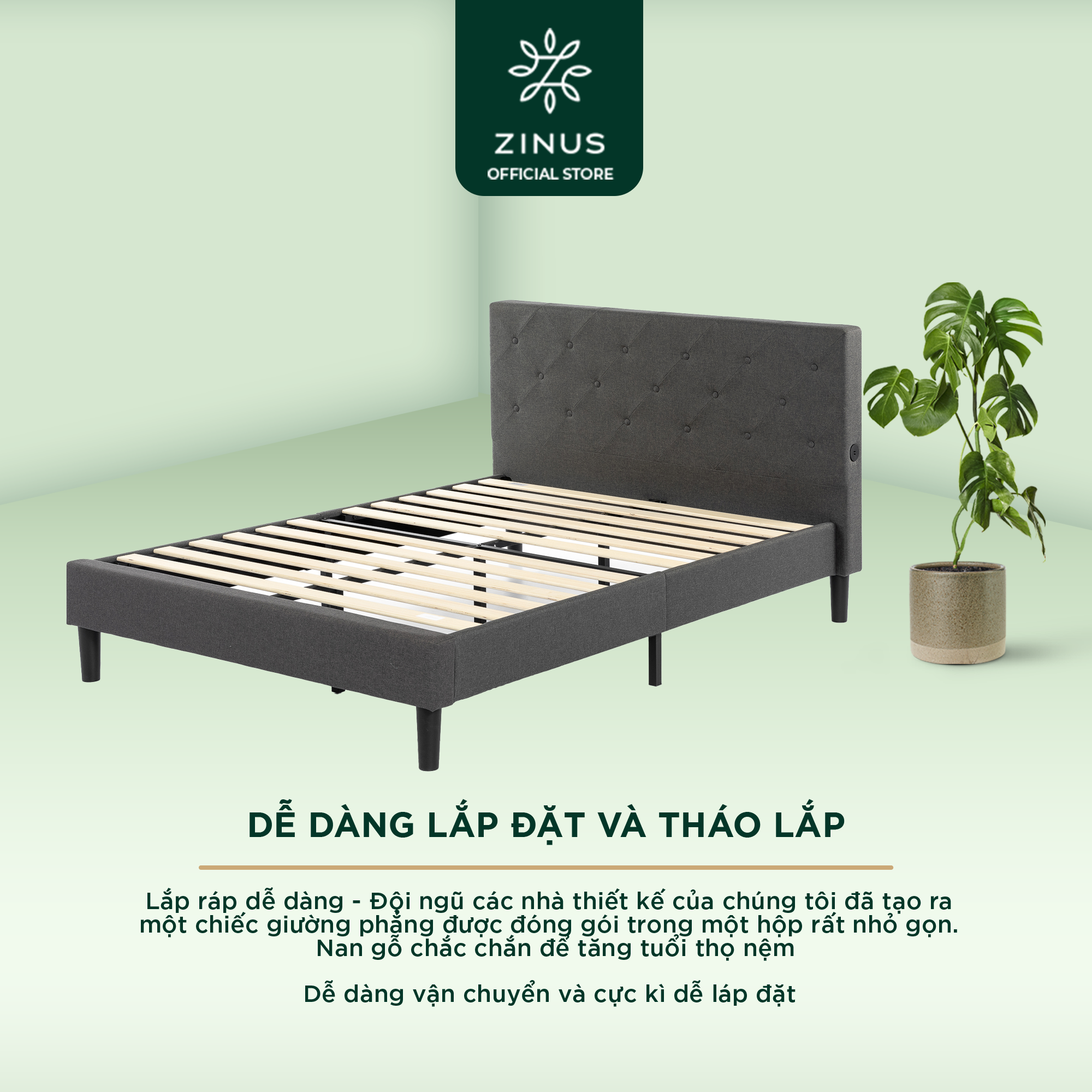 Giường Bọc Nệm Zinus Tự Lắp Ráp Sang Trọng Phong Cách Mỹ - Vertically Cushioned Platform Bed