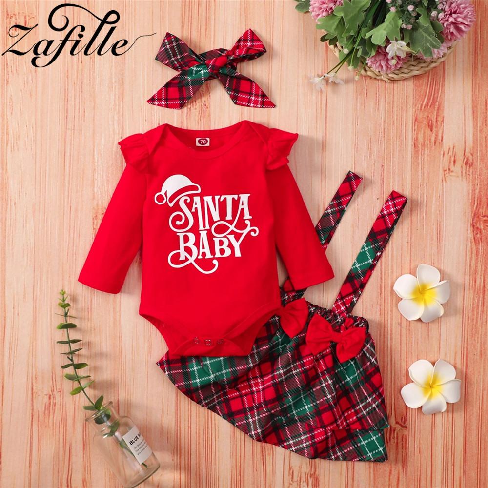 ZAFILLE Bé Gái Giáng Sinh Quần Áo Đỏ Áo Liền Quần Bodysuit + Nơ Kẻ Sọc Váy Của Tôi Mới Đầu Tiên Năm Trang Phục Cho Bé Giáng Sinh Trang Phục