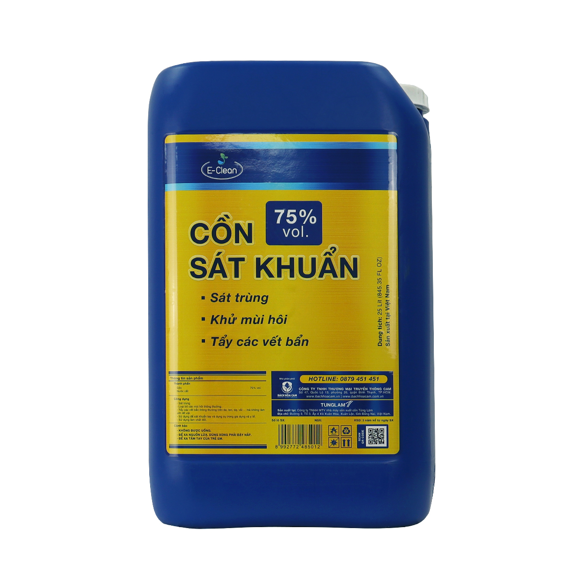 Cồn sát khuẩn 75% vol. can lớn 25 lít [Tặng bình xịt dung tích 500ml + 20 khăn ướt tẩm cồn]