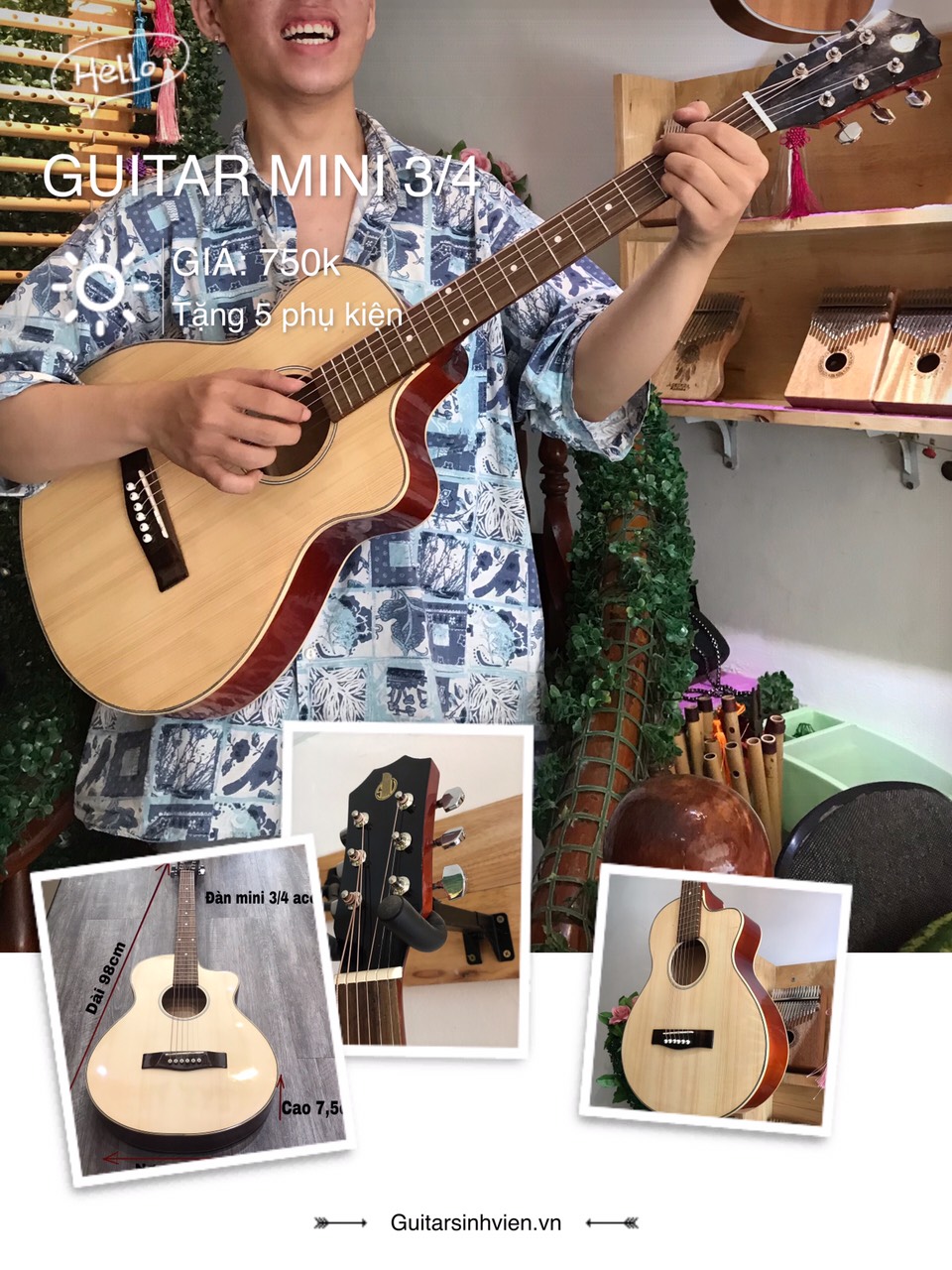 Đàn guitar acoustic mini 3/4 SV-A1MIN cao 98cm - Đàn có ty chỉnh - Tặng bao da và phụ kiện - Bảo hành 12 tháng