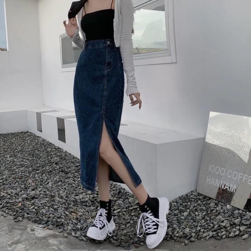 HOT HIT CHÂN VÁY JEANS DÀI XẺ HÔNG - ảnh thật trải sàn
