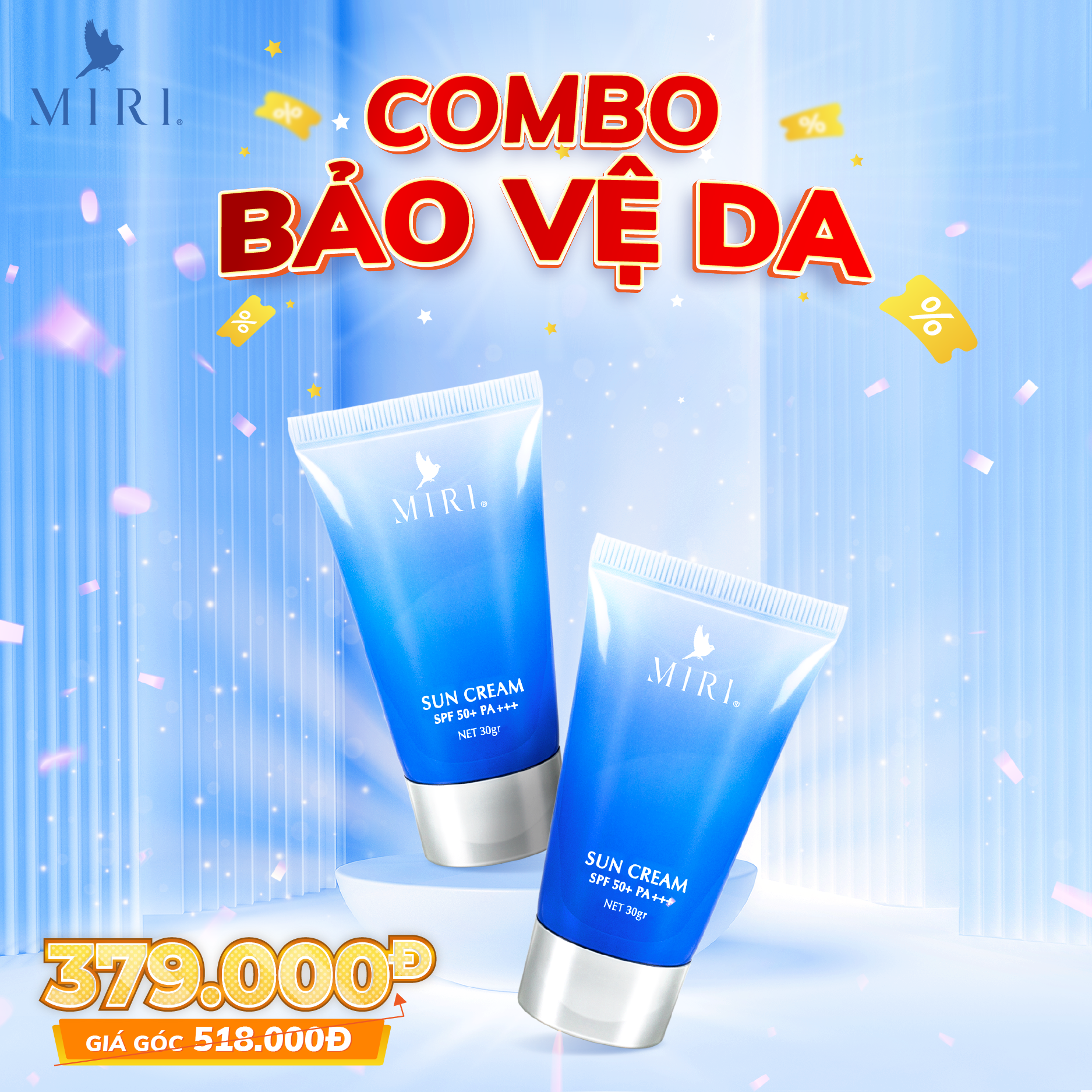 Combo Bảo Vệ Da MIRI: 2 Kem Chống Nắng MIRI SPF 50+ PA+++ 30gr