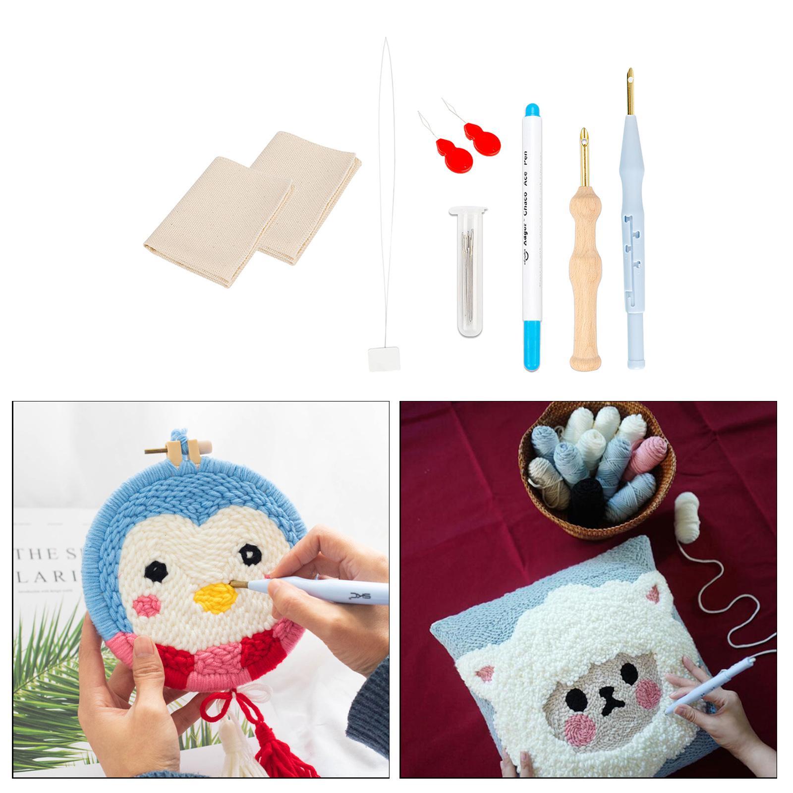 8 Pcs Punch Needle Embroidery Kits Rug Making Yarn Punch Needle, Poking Embroidery Pen, Needle Threader, Punch Needle Cloth for Cross Stitching