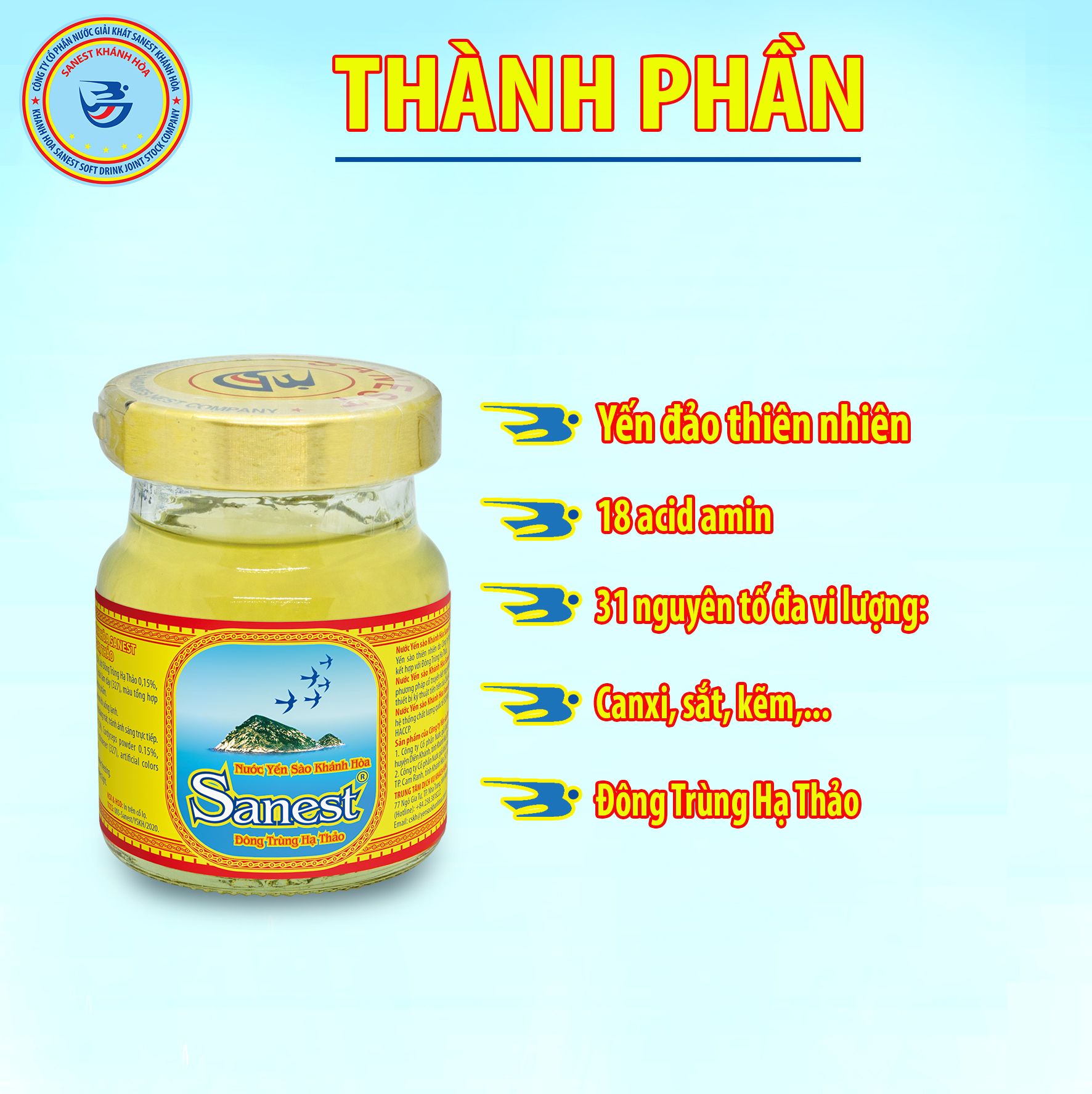 [Combo 60 lọ] Nước Yến sào Khánh Hòa Sanest Đông Trùng Hạ Thảo đóng lọ 70 ml