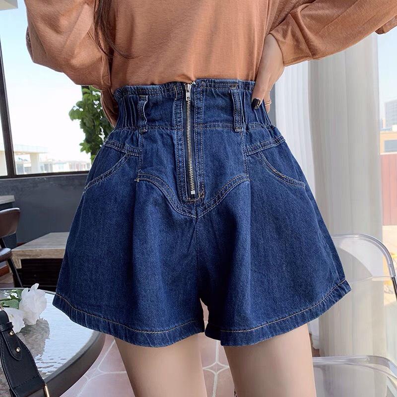 Quần Short Jean Nữ Ống Rộng Cạp Cao Phối Khóa Kéo - XANH ĐẬM, XANH ĐẬM