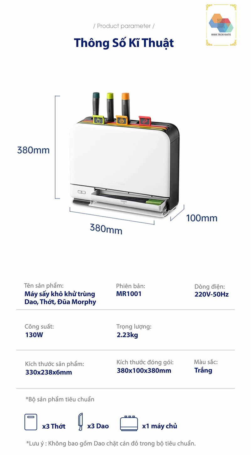 Bộ dao thớt khử khuẩn UV và sấy khô 70ºC Morphy Richards MR1001 tích hợp khay đựng đũa - Hàng Nhập Khẩu