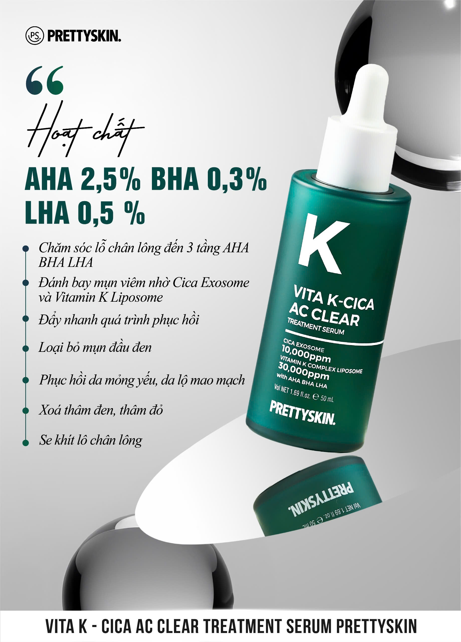 Serum hỗ trợ ngừa mụn Vita K - Cica Ac Clear Pretty Skin phục hồi - căng bóng - tái tạo làn da 50ml