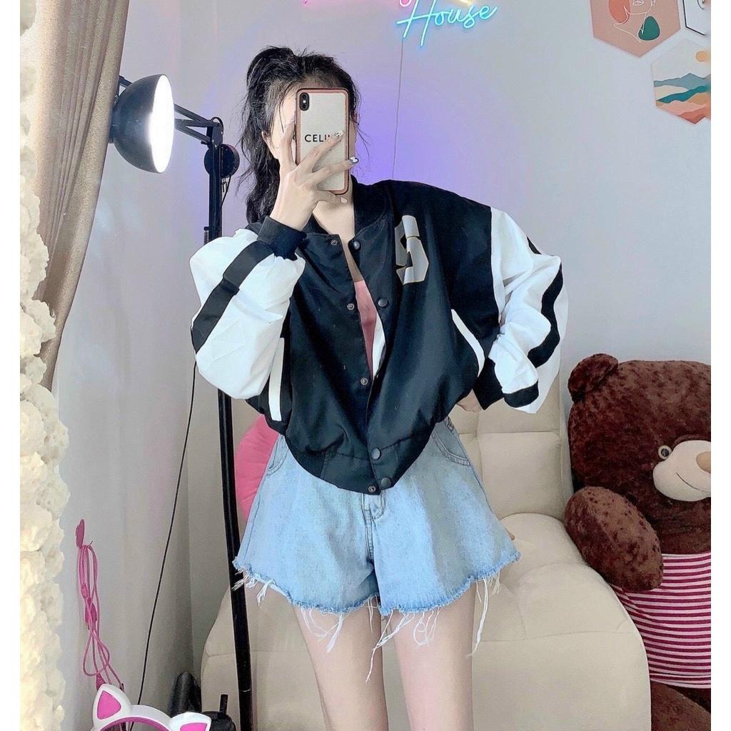 Áo khoác Bomber Nữ Kiểu Croptop Logo In Chữ S Vải Dù 2 Lớp Phối Nút Bấm Phong Năng Động Cá Tính Hot Trend Mới