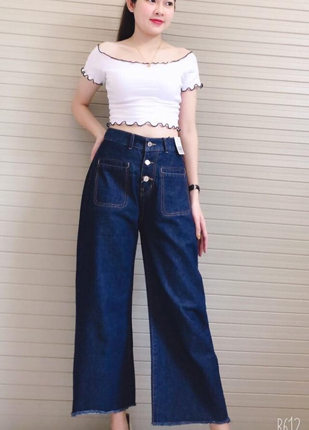 Quần Jeans Lửng Nữ Ống Rộng Hai Túi Trước Thời Trang