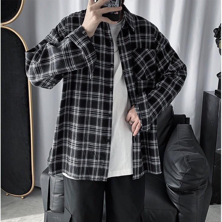 Áo sơ mi khoác ngoài form rộng unisex - Áo sơ mi nam nữ oversize sọc caro số 1