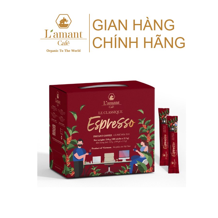 Cà phê hòa tan đen L'amant Espresso nguyên chất thơm ngon(Hộp 100 gói x 2,5gr)