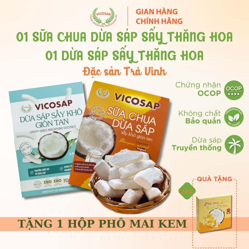 Combo 1 Dừa sáp sấy giòn 1 Sữa Chua dừa sáp sấy thăng hoa cao cấp Vicosap ít đường đồ ăn vặt healthy đặc sản Trà Vinh - Snack Food