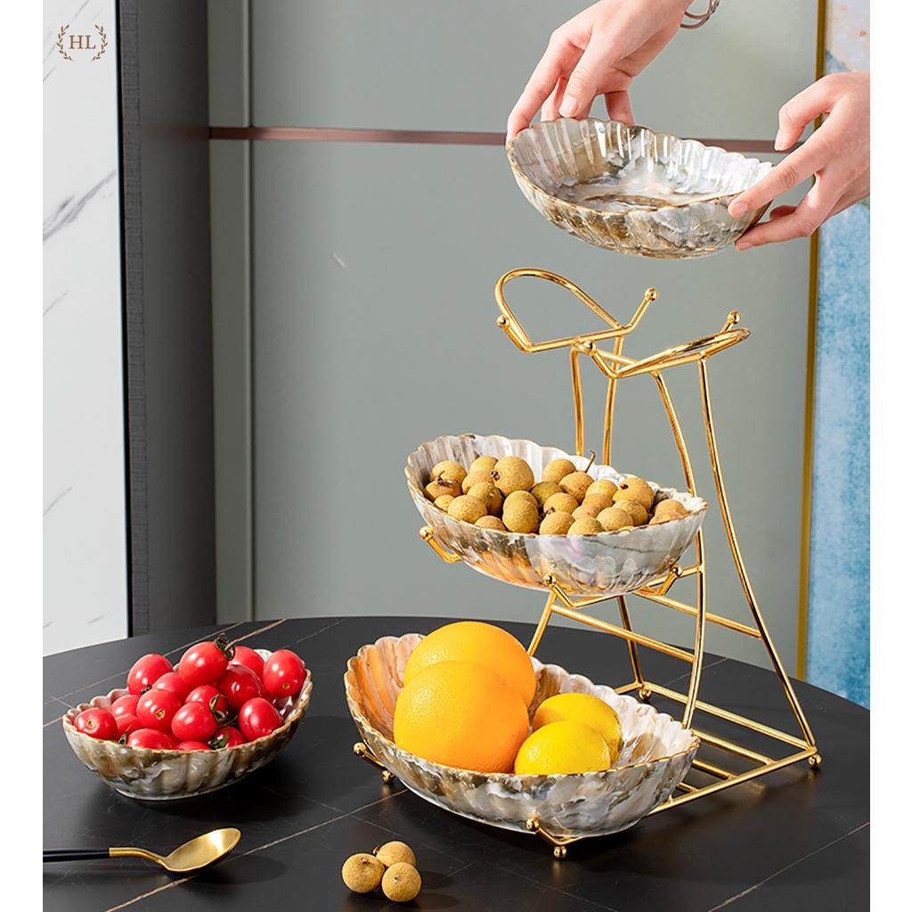 ĐĨA 2 3 TẦNG SỨ VÂN ĐÁ VIỀN VÀNG KÈM KỆ INOX CAO CẤP 2023 | Kệ Vân Đá 2 Tầng 3 Tầng Cao Cấp