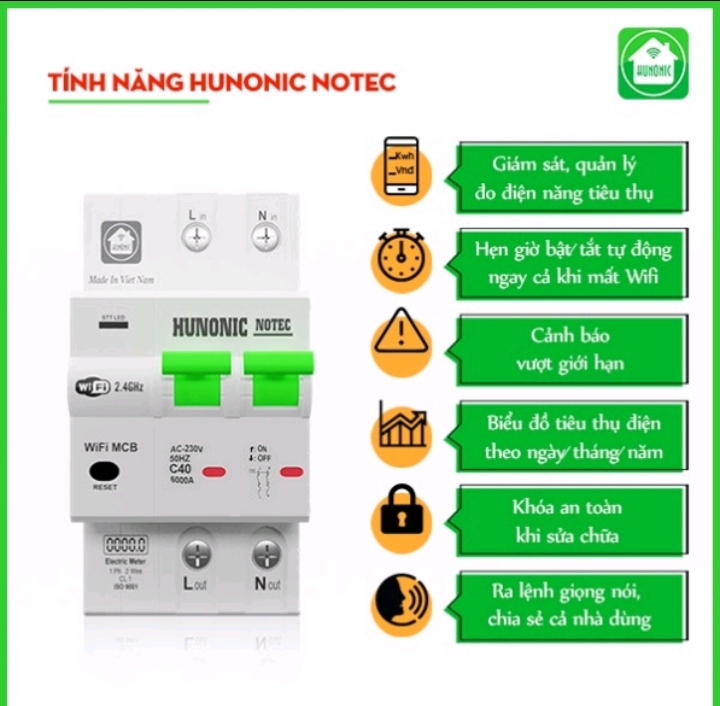 Aptomat 63A/220V Đo Năng Lượng Hunonic Notec Theo Dõi Lượng Điện Tiêu Thụ Điều Khiển Từ Xa Qua Wifi