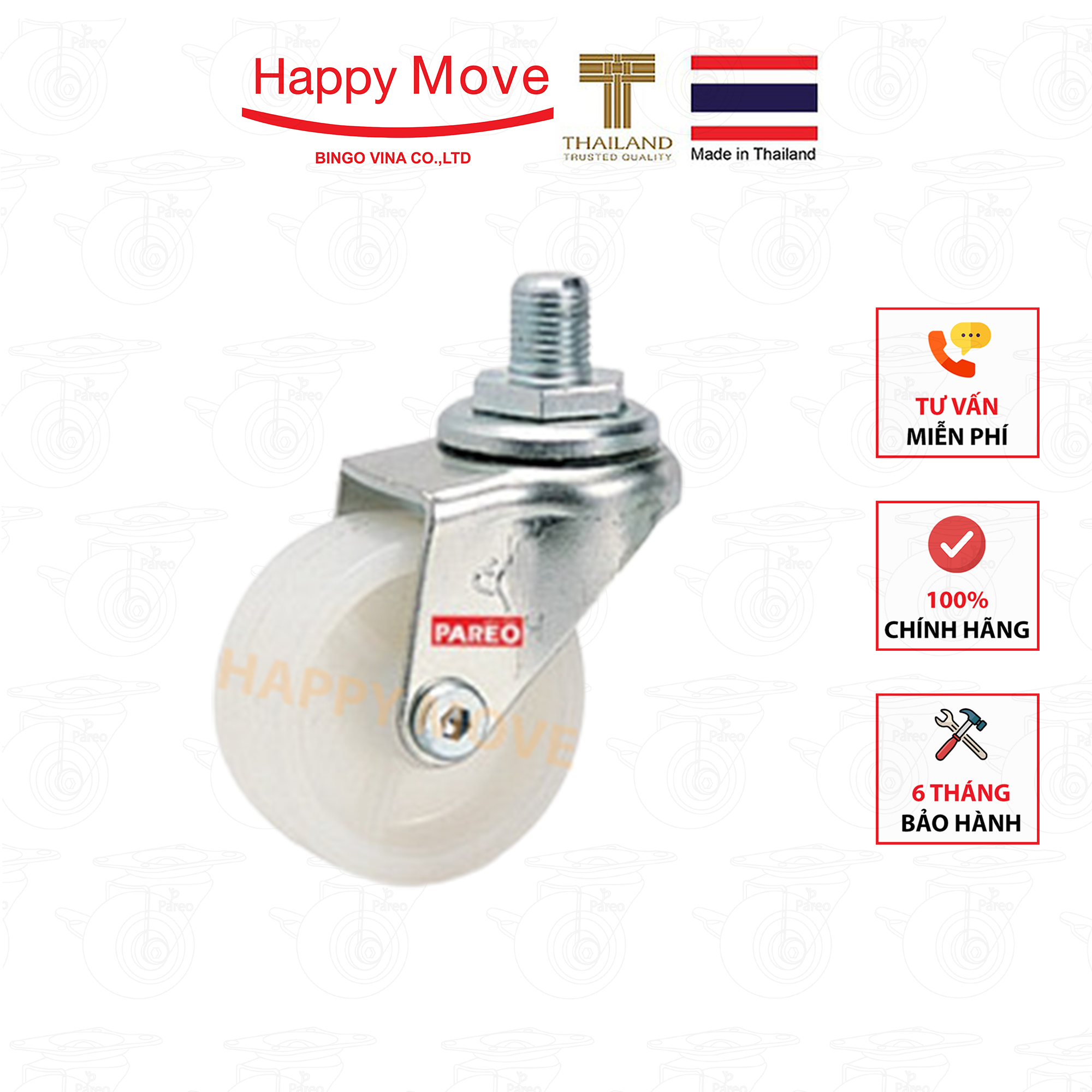 Bánh xe đẩy nylon tải nhẹ cọc vít xoay 360 độ - 50-65-75mm - Happy Move Thái Lan