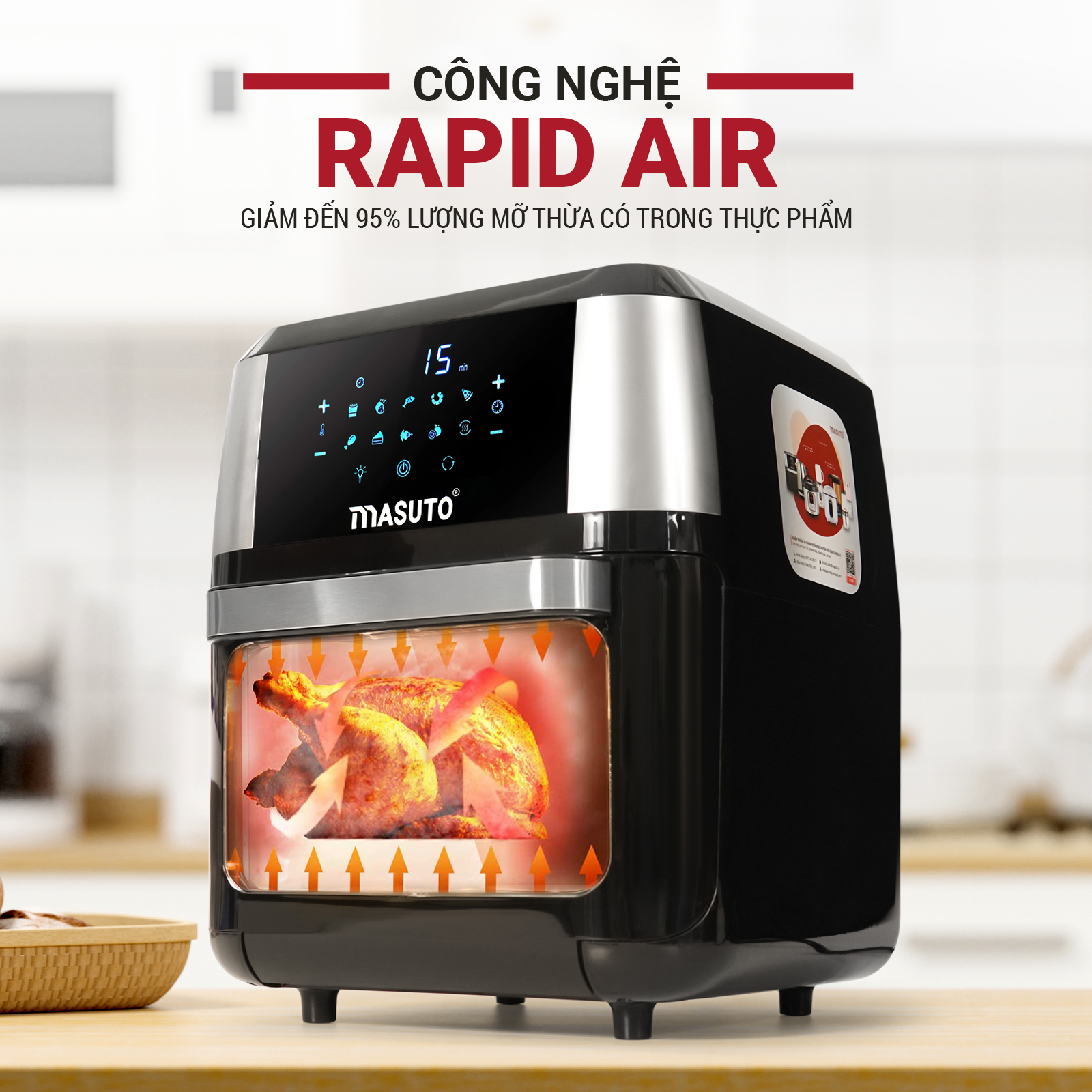 Nồi bếp chiên kiêm lò nướng không dầu Masuto Air Fryer 2022 CN Nhật Bản dung tích lớn quay gà nguyên con nấu vạn món ngon-Hàng chính hãng