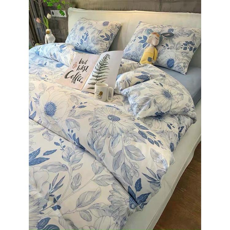 Bộ Gra Nệm Cotton Lụa Hàn Quốc Cao Cấp 5 món hoạ tiết hoa lá chất liệu mềm mát 1m2 1m4 1m6 1m8x2m