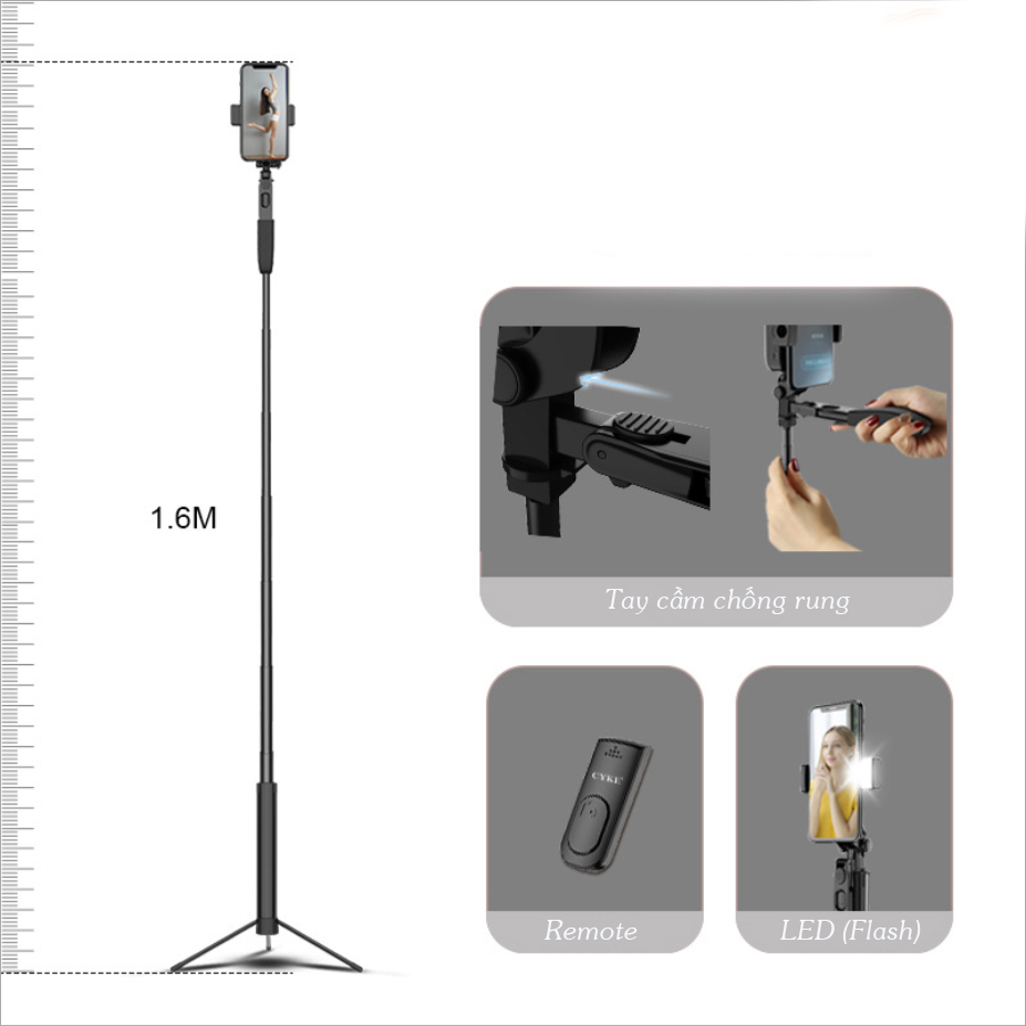 Gậy chụp hình dài ,có Gimbal Chống rung, Gậy tự sướng selfie livestream tripod - CYKE21