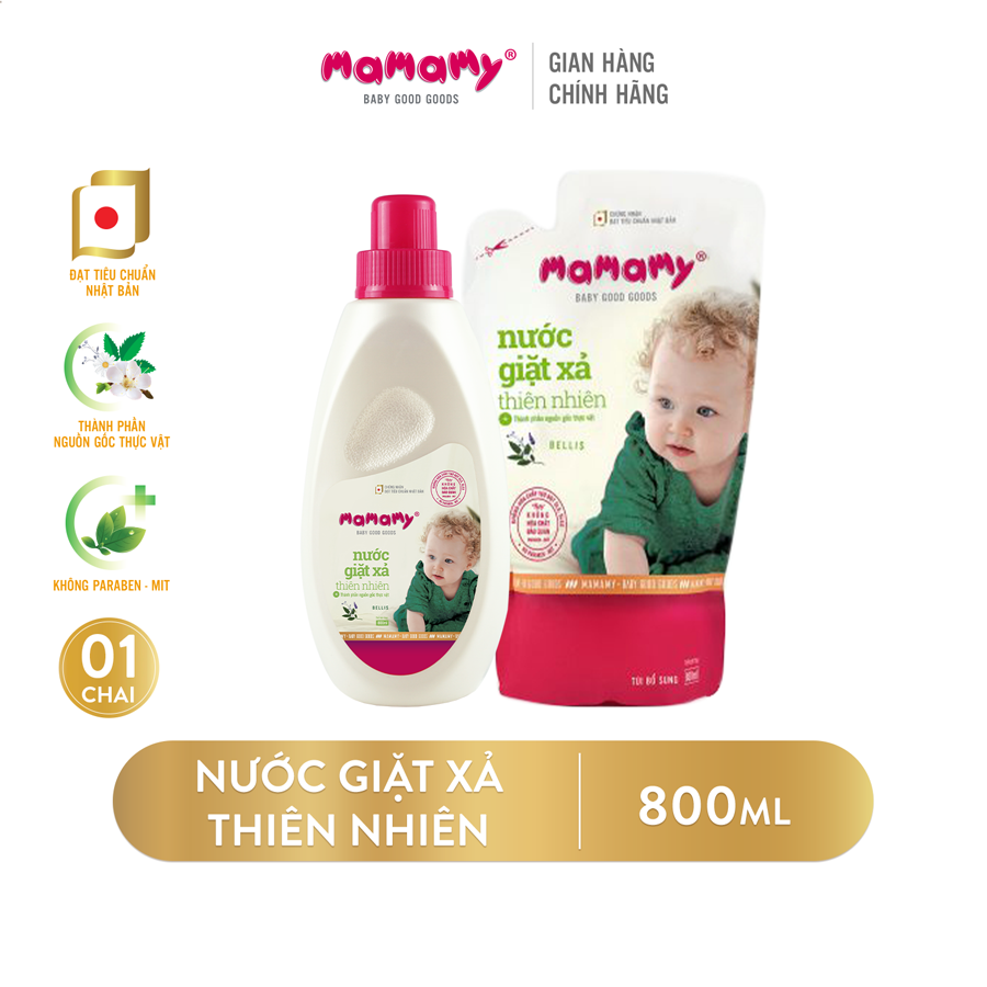 Combo 1 chai Nước giặt xả thiên nhiên Mamamy 800ml/chai, an toàn cho bé và 1 Túi bổ sung cùng dung tích hương Bellis