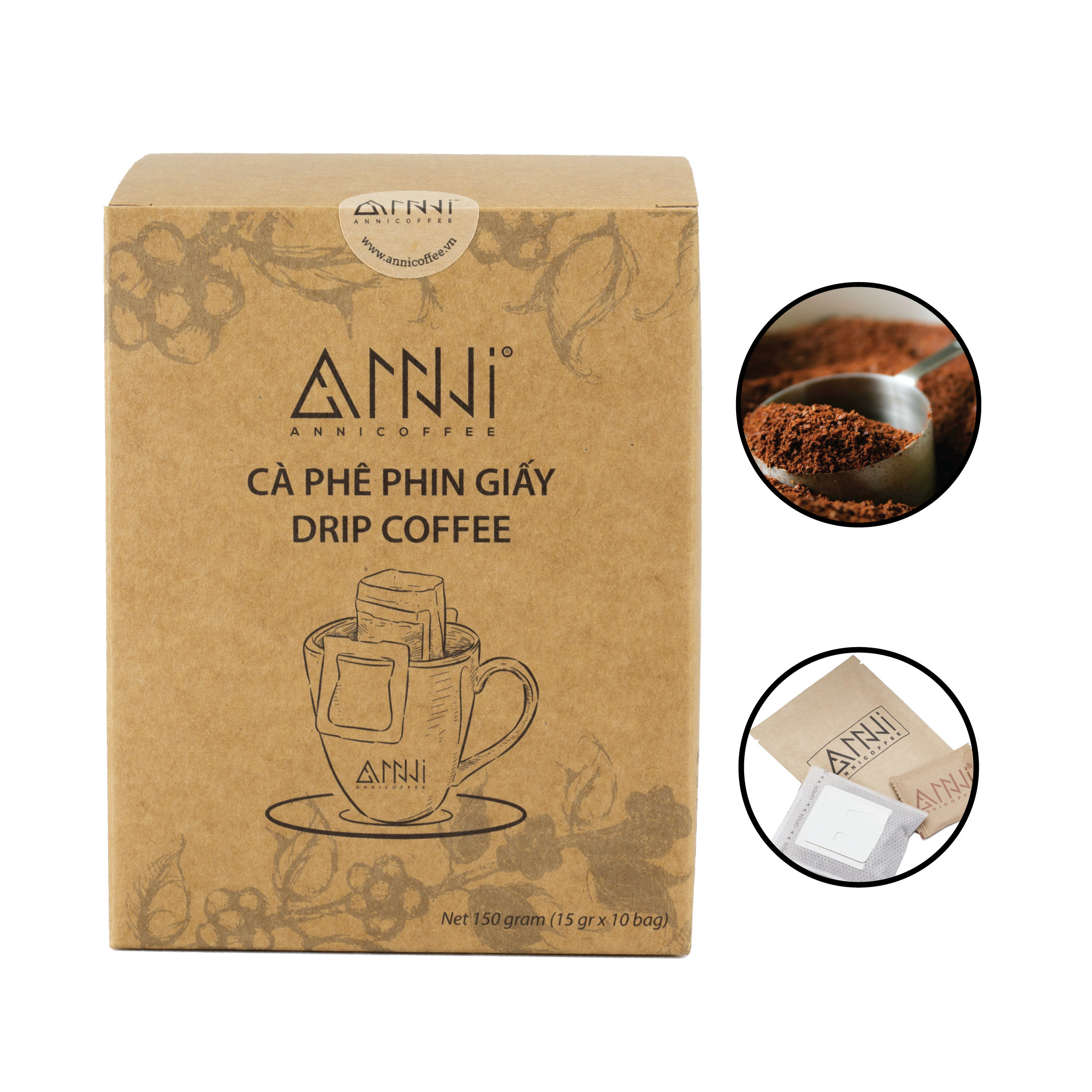 Cà Phê Phin Giấy (Hộp 10 gói x 15Gr) 100% Arabica &amp; Robusta nguyên chất Kèm gói đường bên trong- Drip Bag Coffee - Cà Phê Tiện Lợi - Cà Phê Phin Giấy (150g) - ANNI Coffee