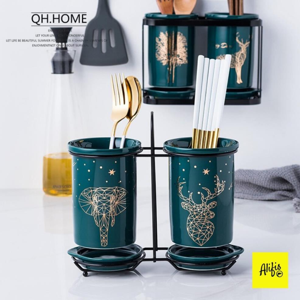 Ống đựng đũa thìa bằng sứ cao cấp phong cách Bắc Âu – xanh cổ vịt sang trọng – HÀNG CÓ SẴN