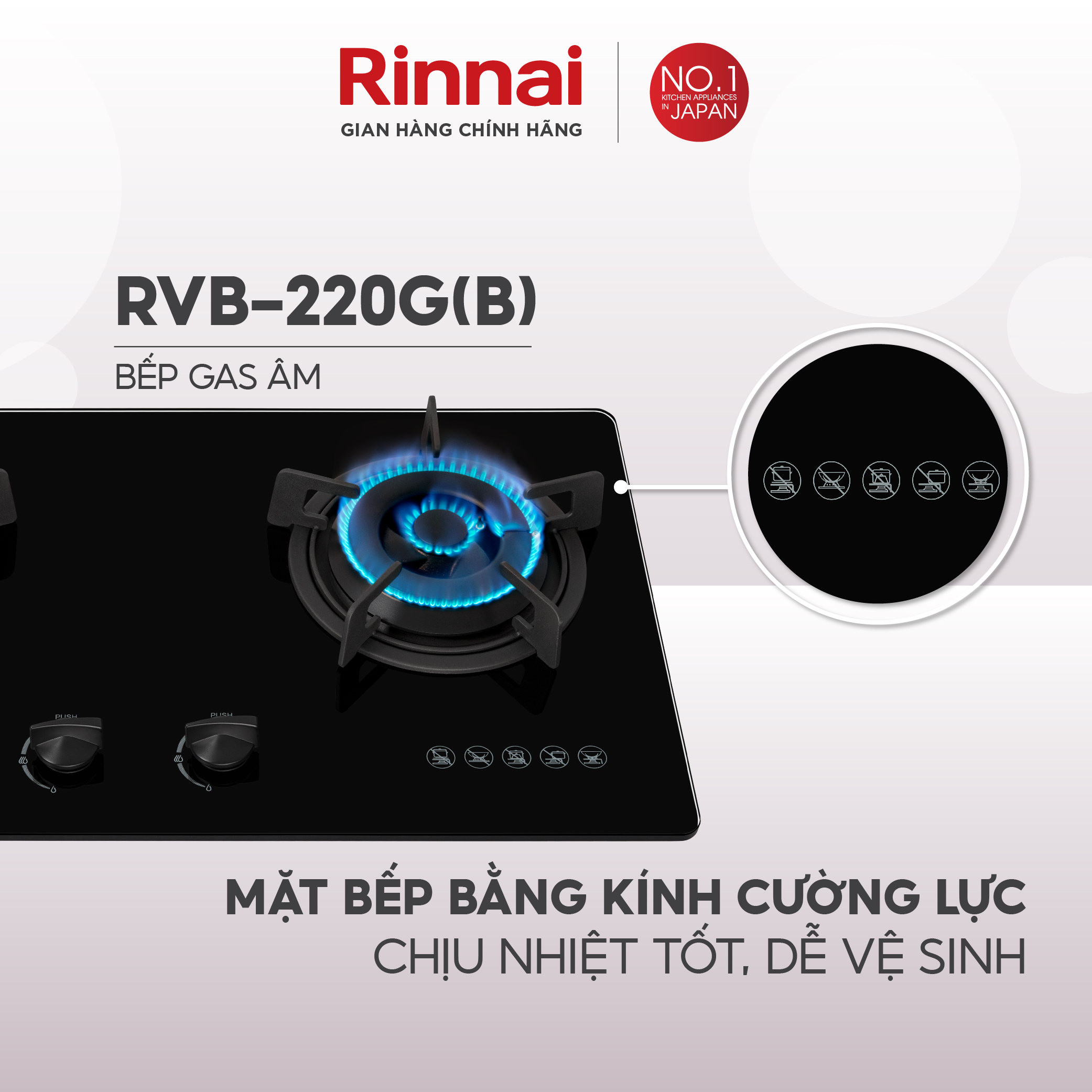 Bếp gas âm Rinnai RVB-220G mặt bếp kính và kiềng bếp gang - Hàng chính hãng.