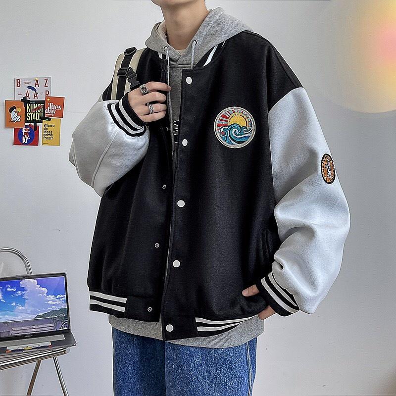 Áo Khoác Bomber Nỉ Bông Thêu Logo Sóng Nổi Varsity Form Rộng Unisex Nam Nữ Phối Phong Cách Ulzzang