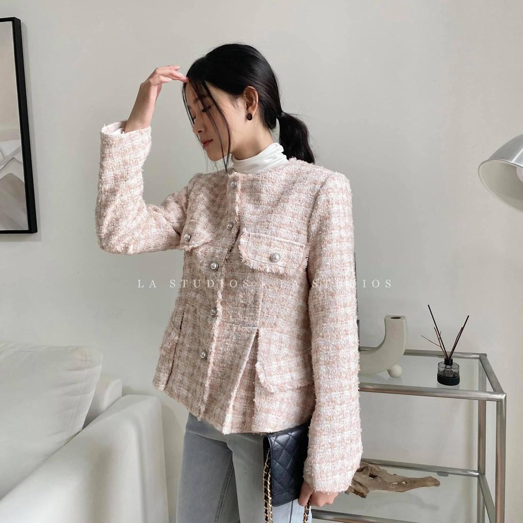 Áo khoác dạ tweed bo eo Hàn Quốc