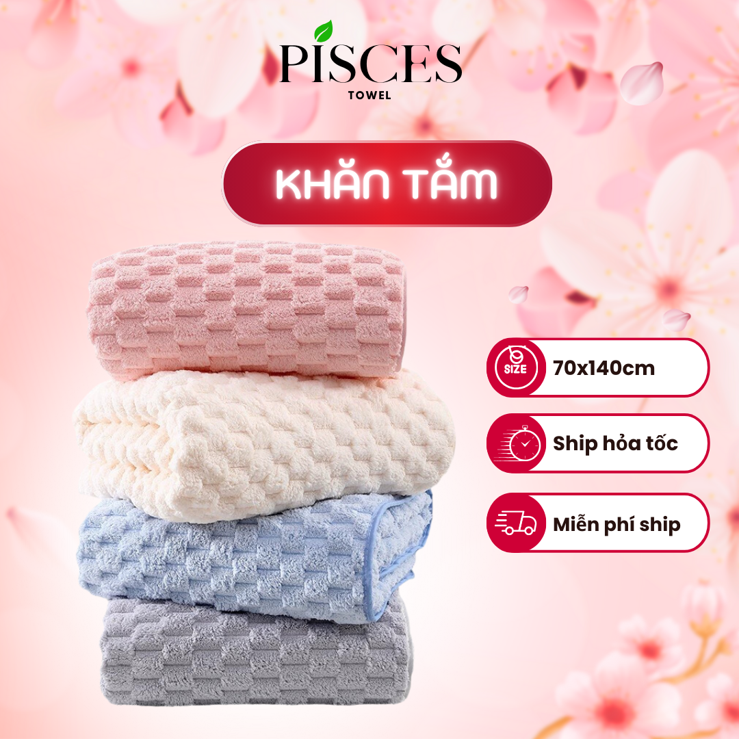 Khăn Tắm PISCES TOWEL 70x140cm Ô Chữ Nhật Cotton Mềm Mại, Khăn Spa Yoga Gym Thể Thao Thấm Hút Mồ Hôi