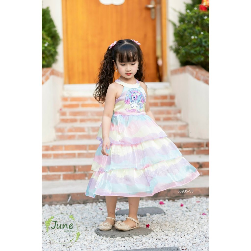 Đầm babydoll cho bé gái màu loang cầu vồng pony unicorn phong cách Hàn Quốc từ 10-35kg chất voan mềm mát