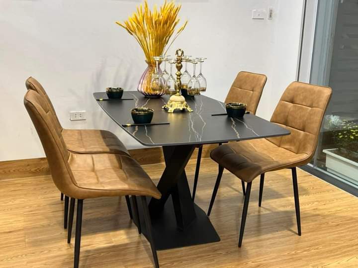 Bàn ăn mặt đá phiến chân chéo kết hợp ghế Loft - bàn ăn mặt đá nhập khẩu