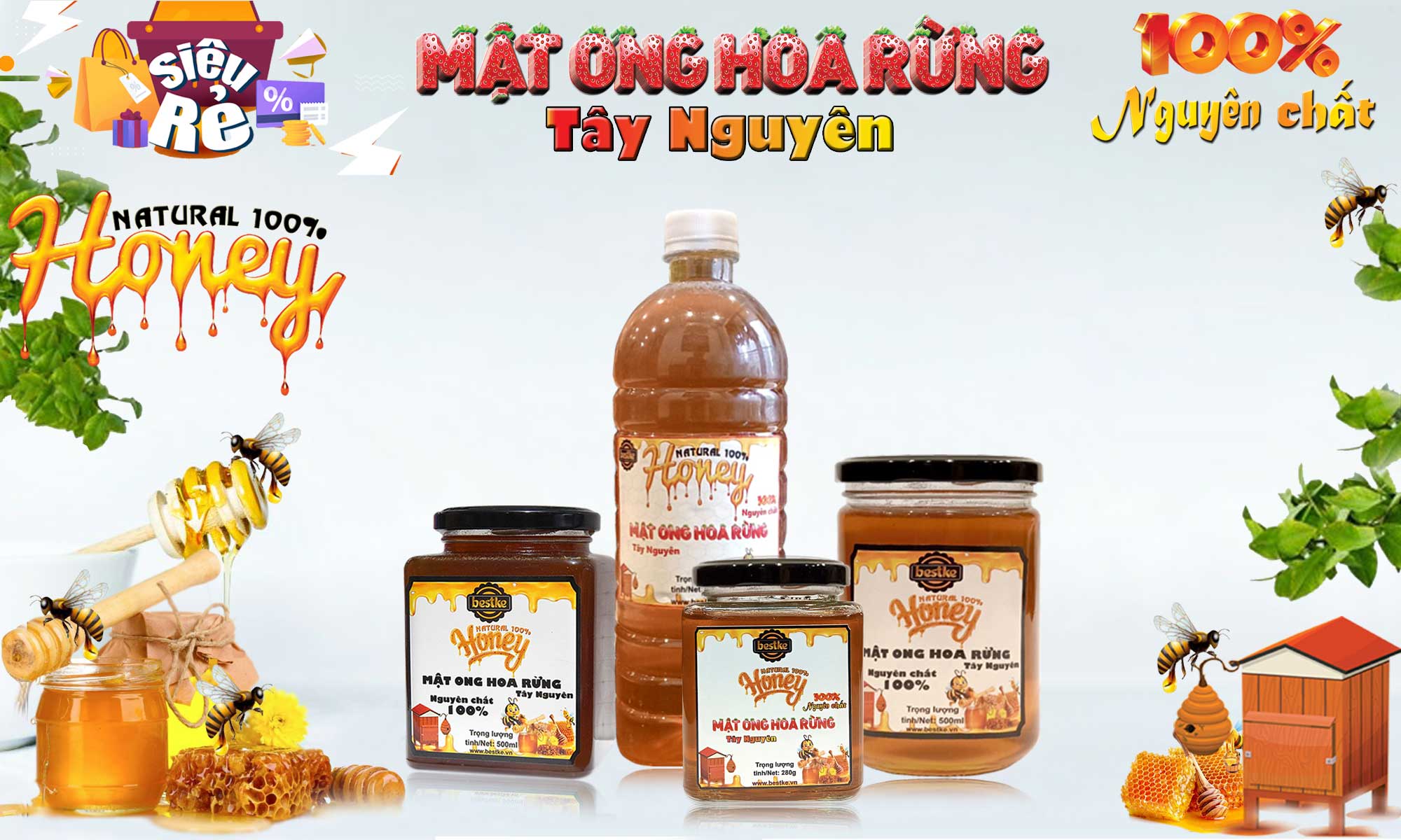 Combo 2 hũ Mật ong hoa rừng Tây Nguyên nguyên chất 200ml = 280g và 500ml = 700g