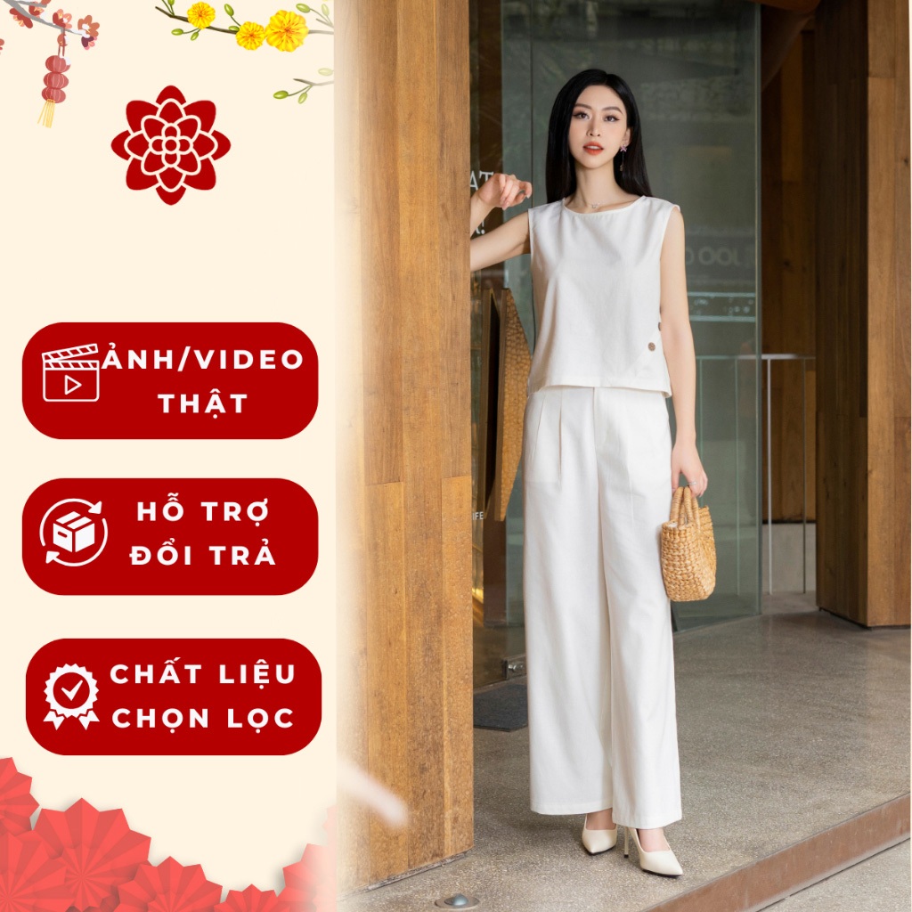 Set bộ gồ áo sát nách và quần dài ống rộng thời trang sanh chảnh, họa tiết khuy giả chéo sườn, phù hợp đi làm, đi chơi, mẫu mới dễ mặc