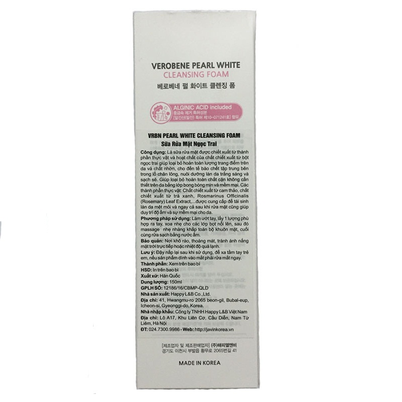 Sữa rửa mặt ngọc trai Verobene pear white cleansing foam 150ml