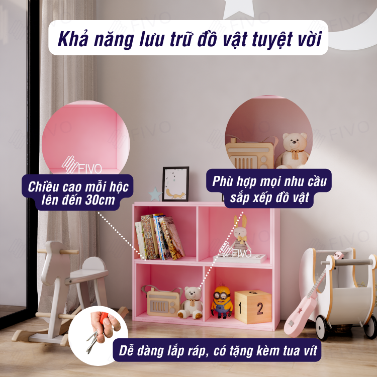 Kệ Trang Trí Thông Minh FIVO FB72 Màu Hồng, Thiết Kế Hiện Đại 2IN1 Đóng Mở Tùy Thích, Tiết Kiệm Diện Tích