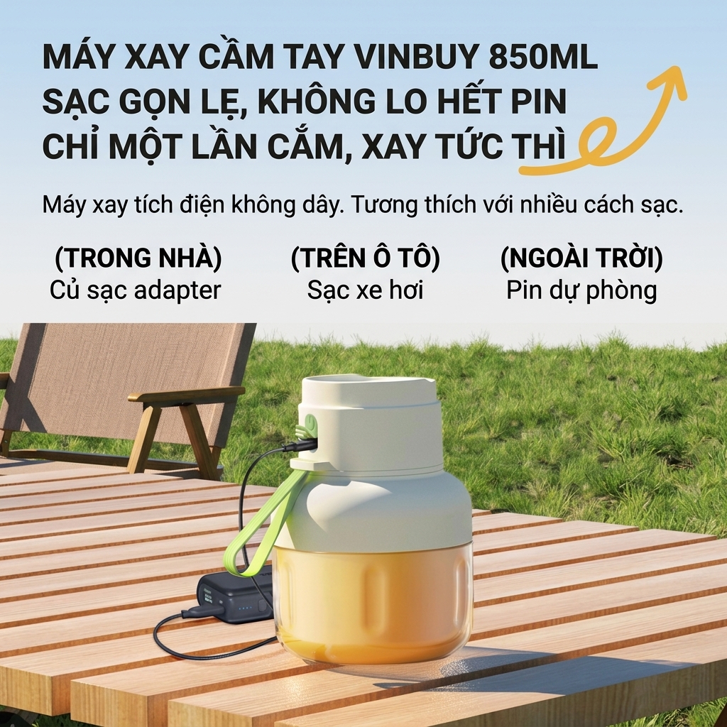 Máy Xay Sinh Tố Cầm Tay VinBuy 850ml - 12 Lưỡi Dao Inox 304, Xay Khỏe, Pin Siêu Lâu, Sạc Type-C, Bảo Hành 12 tháng Hàng chính hãng