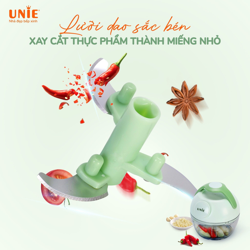 Máy xay hành tỏi ớt UNIE UC180 dung tích 180ml, lưỡi dao thép cao cấp 3 tầng sắc bén, thiết kế nhỏ gọn, dễ tháo lắp - hàng chính hãng