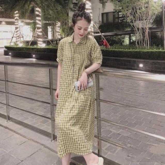 Váy sơ mi váy suông nữ đầm suông sơ mi form rộng họa tiết kẻ caro hồng hottrend bkfrreship