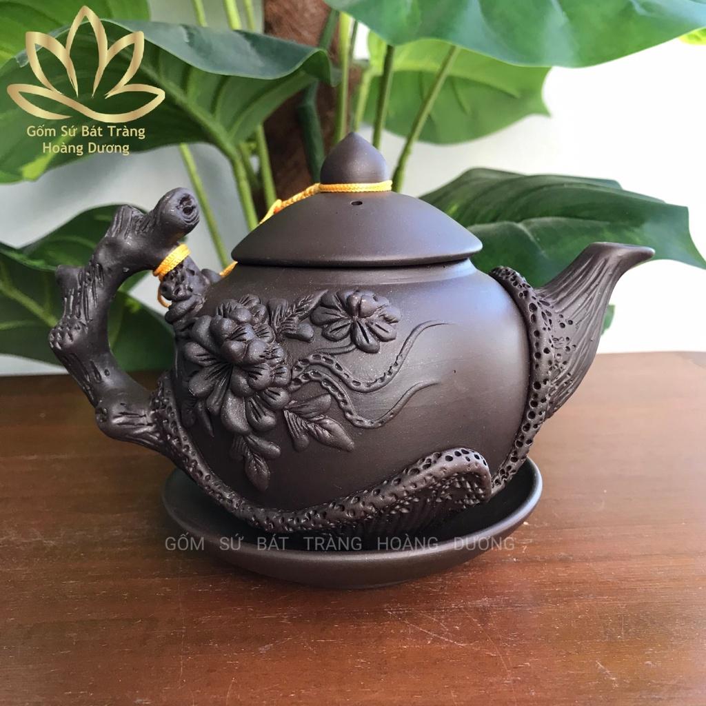 Bộ ấm chén Tử sa Bát Tràng đắp nổi Hoa phù dung đen kèm phụ kiện