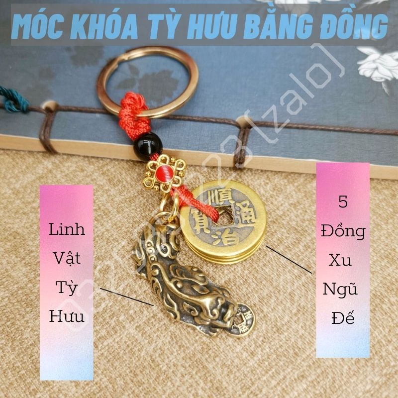 Móc Khóa Tỳ Hưu Kèm Xu Ngũ Đế Treo Xe Máy, Ô Tô, Túi Xách Phong Thủy May Mắn