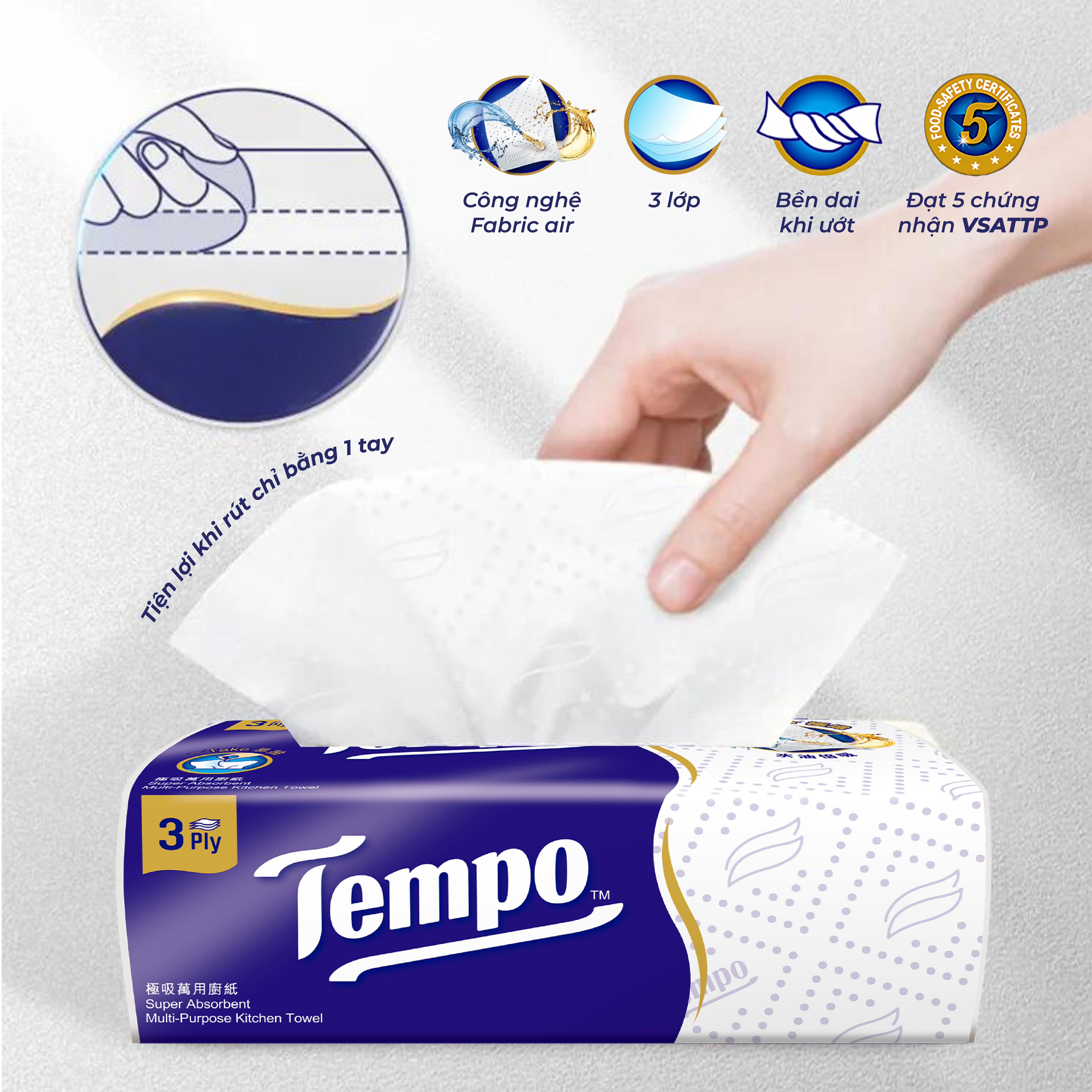[MUA 1 LỐC TẶNG 1 GÓI KHĂN ƯỚT + 1 GIÁ ĐỠ BẾP] Khăn Giấy Bếp Rút Đa Năng Tempo Bền Dai Thương Hiệu Đức