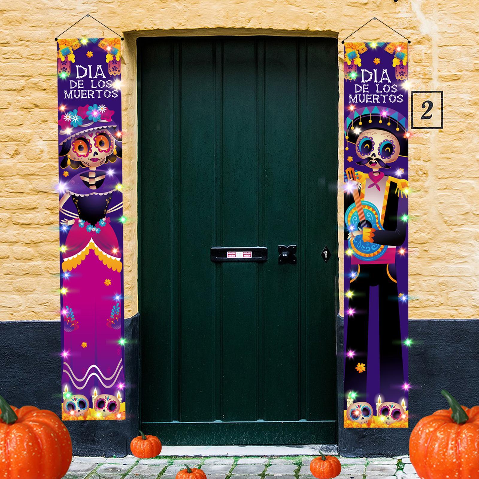 Halloween Banners Mexican Day of The Dead Flag Ornaments Holiday Hanging Banner Decorative Festival Halloween Decorations Lighted Porch Sign