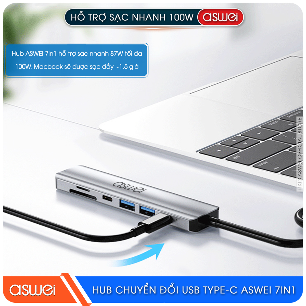 Hub Chuyển Đổi USB Type C ASWEI 7 in 1 - HDMI, USB 3.0, SD, TF, USB C, PD 100W Tốc Độ Cao - Hàng Chính Hãng